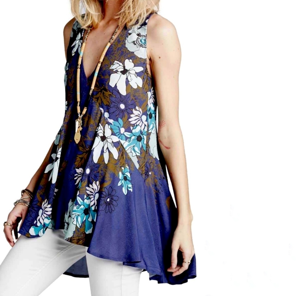 Free People | Backyard Party Floral Print Tunic Top Blouse Blue Medium